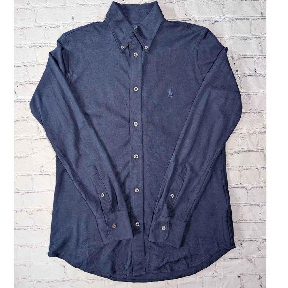 Ralph Lauren Knit Oxford Shirt Mens M Navy Blue Long Sleeve Button Down Pony